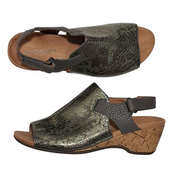 Vionic Tatiana Metallic Snake Embossed Adjustable Peep Toe Wedge Sandals Size 7 - Picture 1 of 15